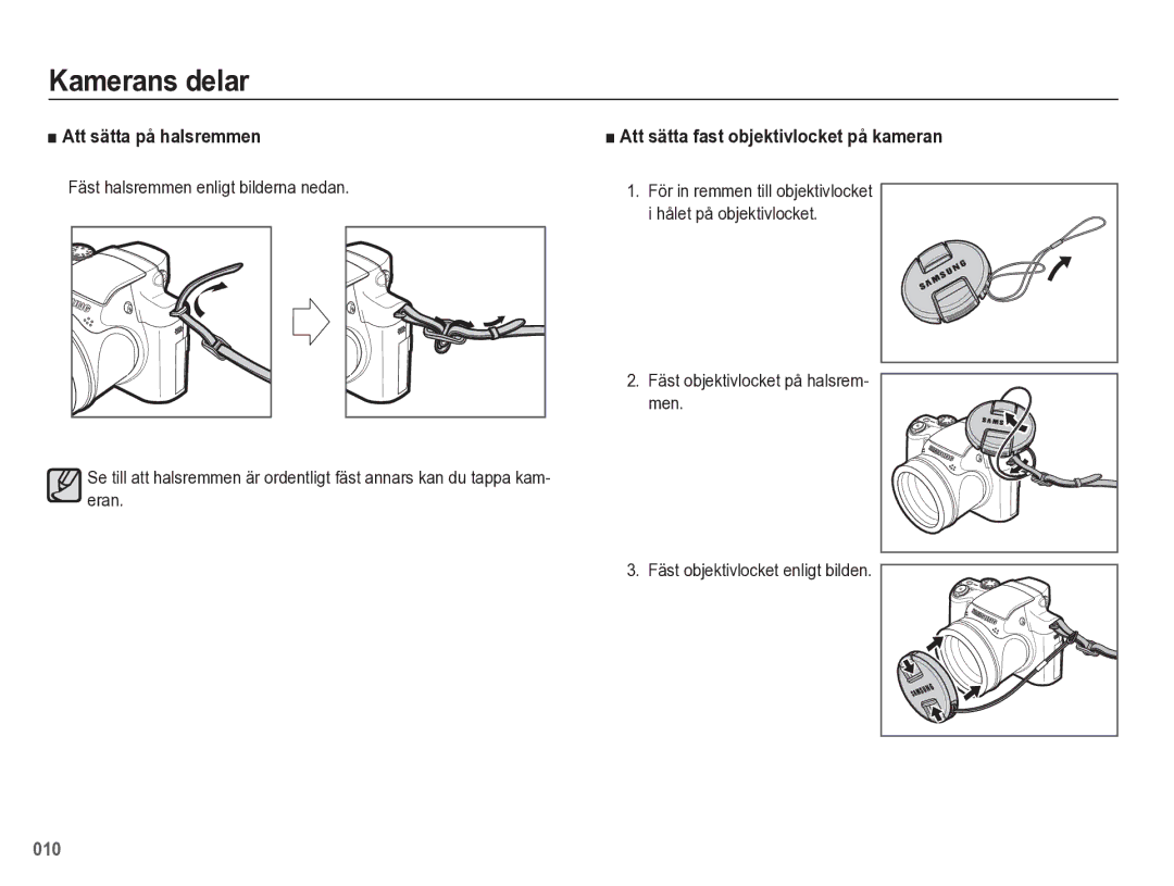 Samsung EC-WB5500BPBE2 manual Att sätta på halsremmen, Att sätta fast objektivlocket på kameran 