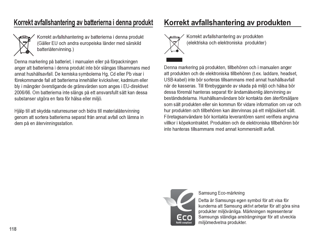 Samsung EC-WB5500BPBE2 Korrekt avfallshantering av produkten, Korrekt avfallshantering av batterierna i denna produkt 