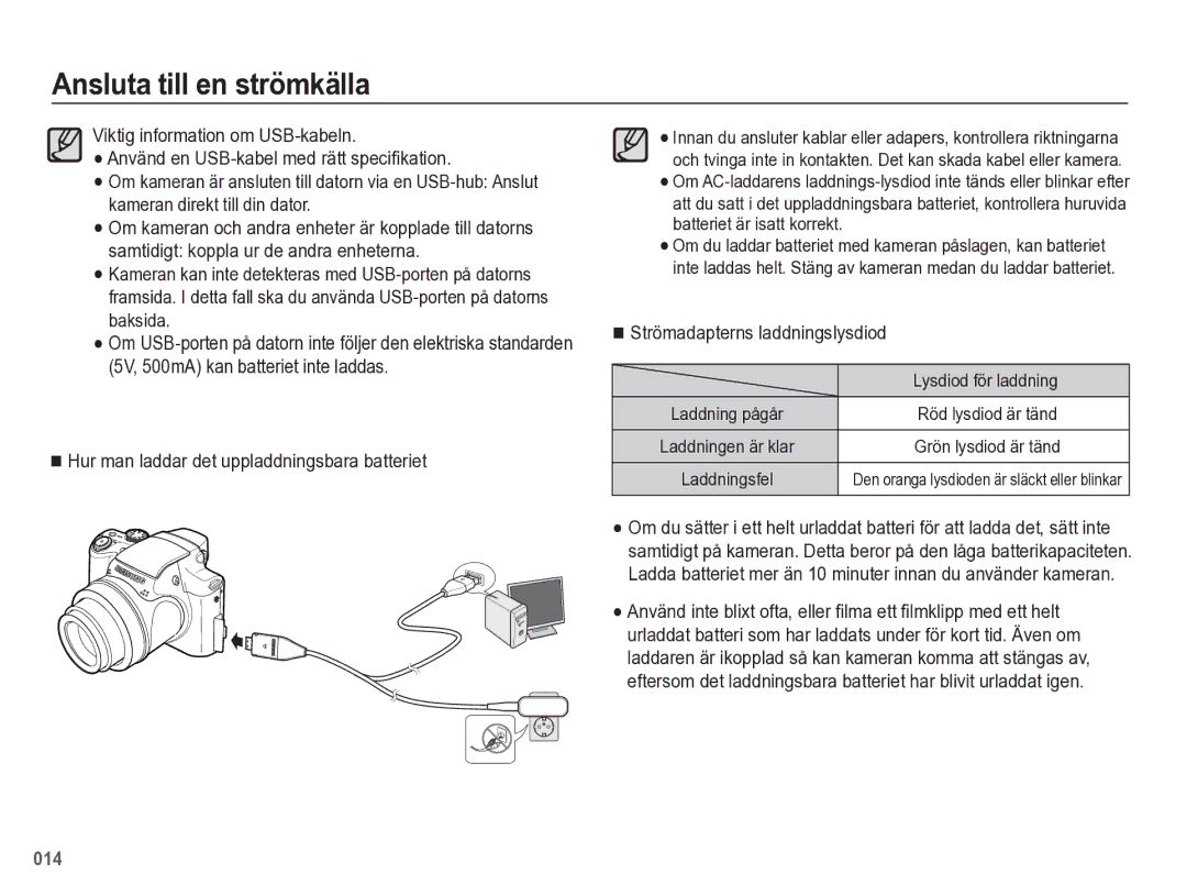 Samsung EC-WB5500BPBE2 manual Strömadapterns laddningslysdiod, Lysdiod för laddning 