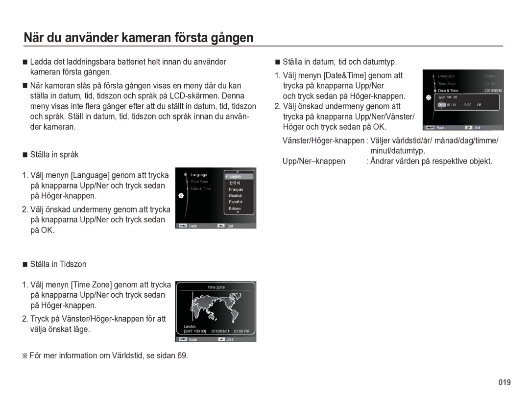 Samsung EC-WB5500BPBE2 manual När du använder kameran första gången, Ställa in datum, tid och datumtyp, Minut/datumtyp 