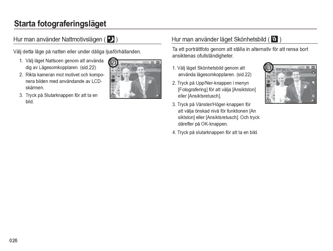 Samsung EC-WB5500BPBE2 manual Hur man använder Nattmotivslägen, Hur man använder läget Skönhetsbild 