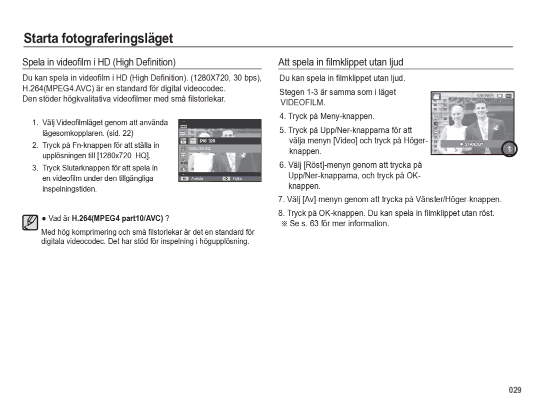 Samsung EC-WB5500BPBE2 manual Spela in videoﬁlm i HD High Deﬁnition, Att spela in ﬁlmklippet utan ljud 