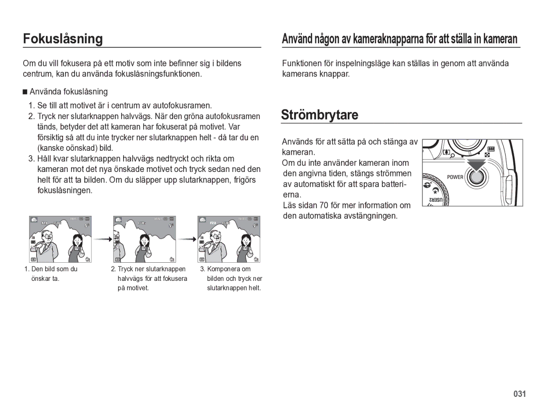 Samsung EC-WB5500BPBE2 manual Fokuslåsning, Strömbrytare, Använd någon av kameraknapparna för att ställa in kameran 