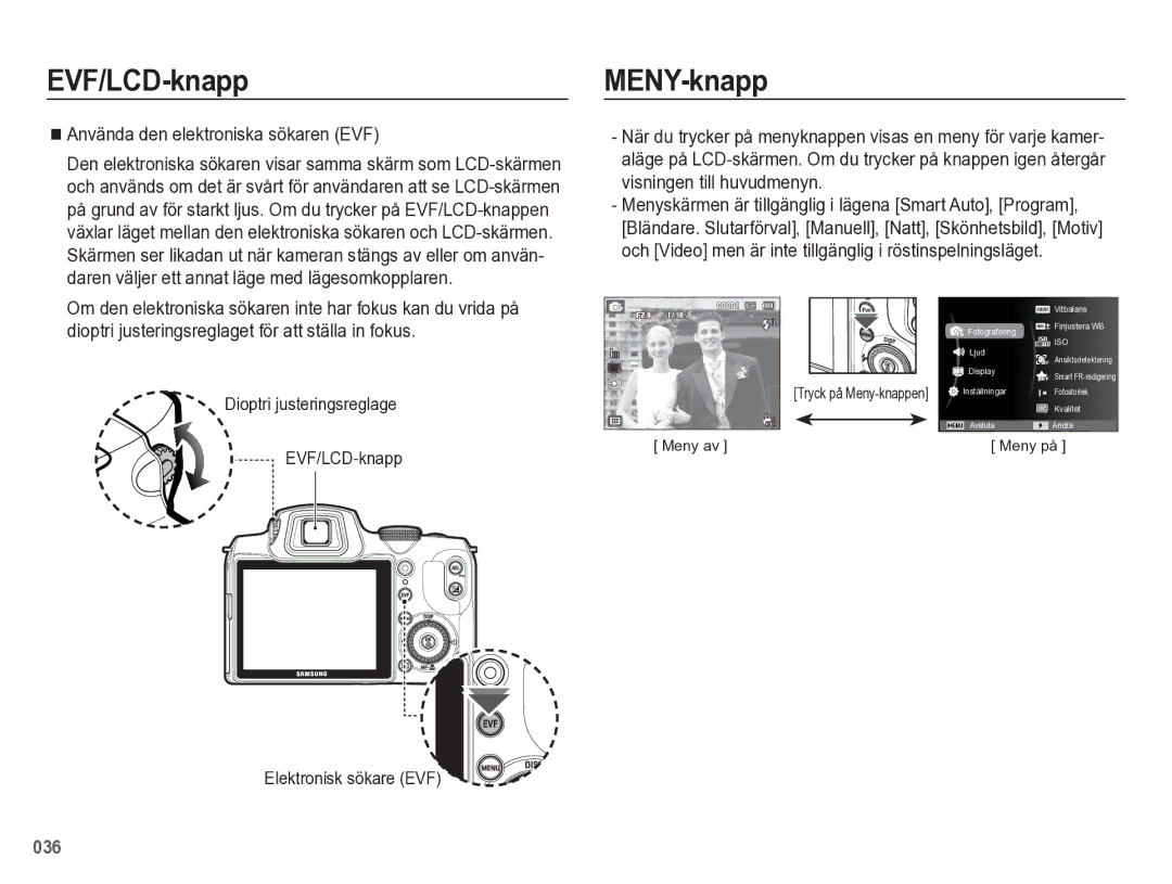 Samsung EC-WB5500BPBE2 manual MENY-knapp, Använda den elektroniska sökaren EVF 