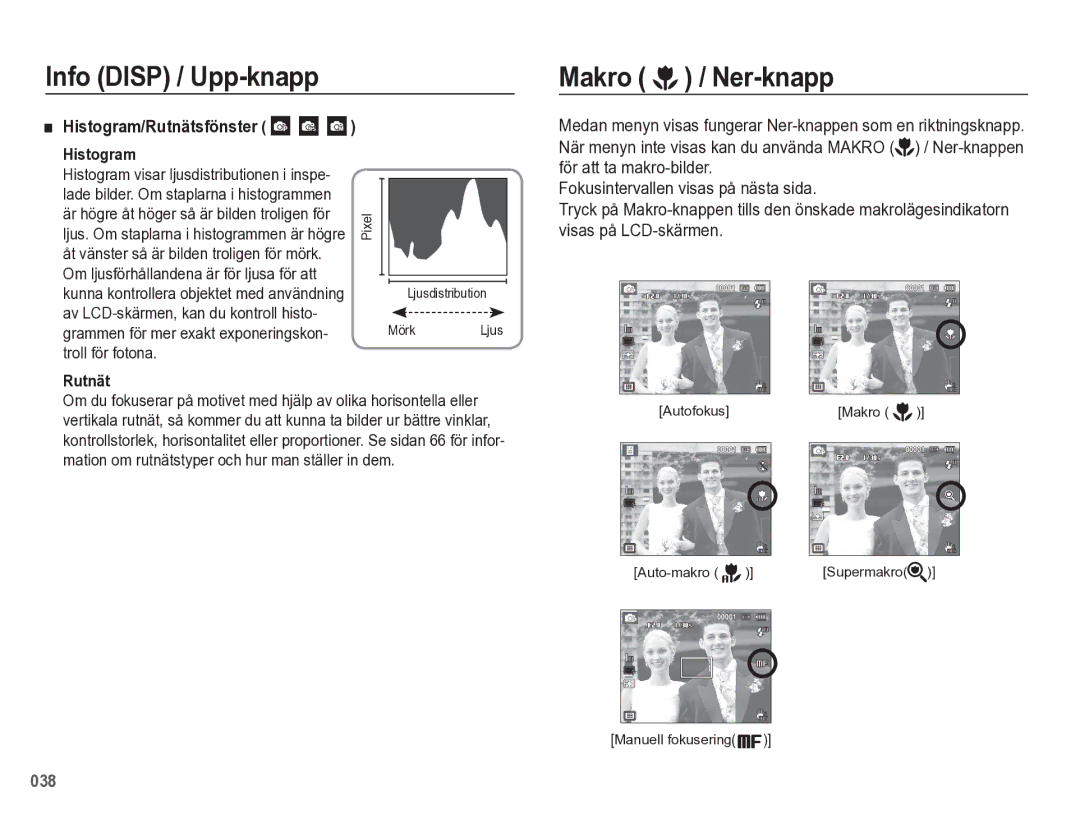 Samsung EC-WB5500BPBE2 manual Info Disp / Upp-knapp Makro / Ner-knapp, Histogram/Rutnätsfönster 