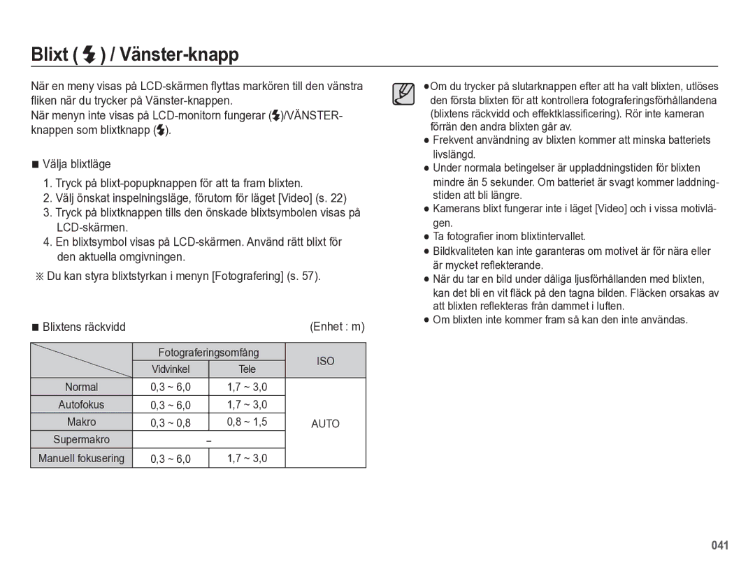 Samsung EC-WB5500BPBE2 manual Blixt / Vänster-knapp, Vidvinkel, ~ 6,0, ~ 0,8 