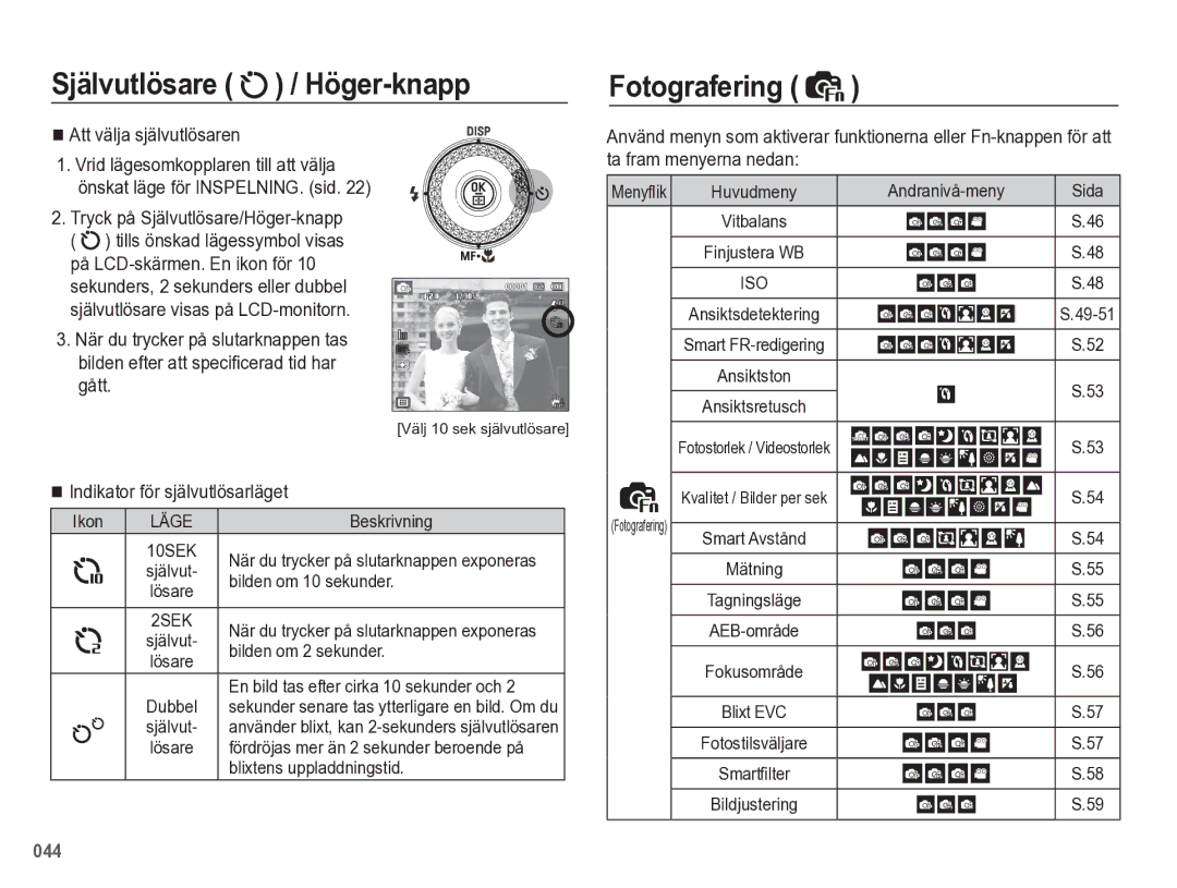 Samsung EC-WB5500BPBE2 manual Självutlösare / Höger-knapp, Fotografering, Att välja självutlösaren 