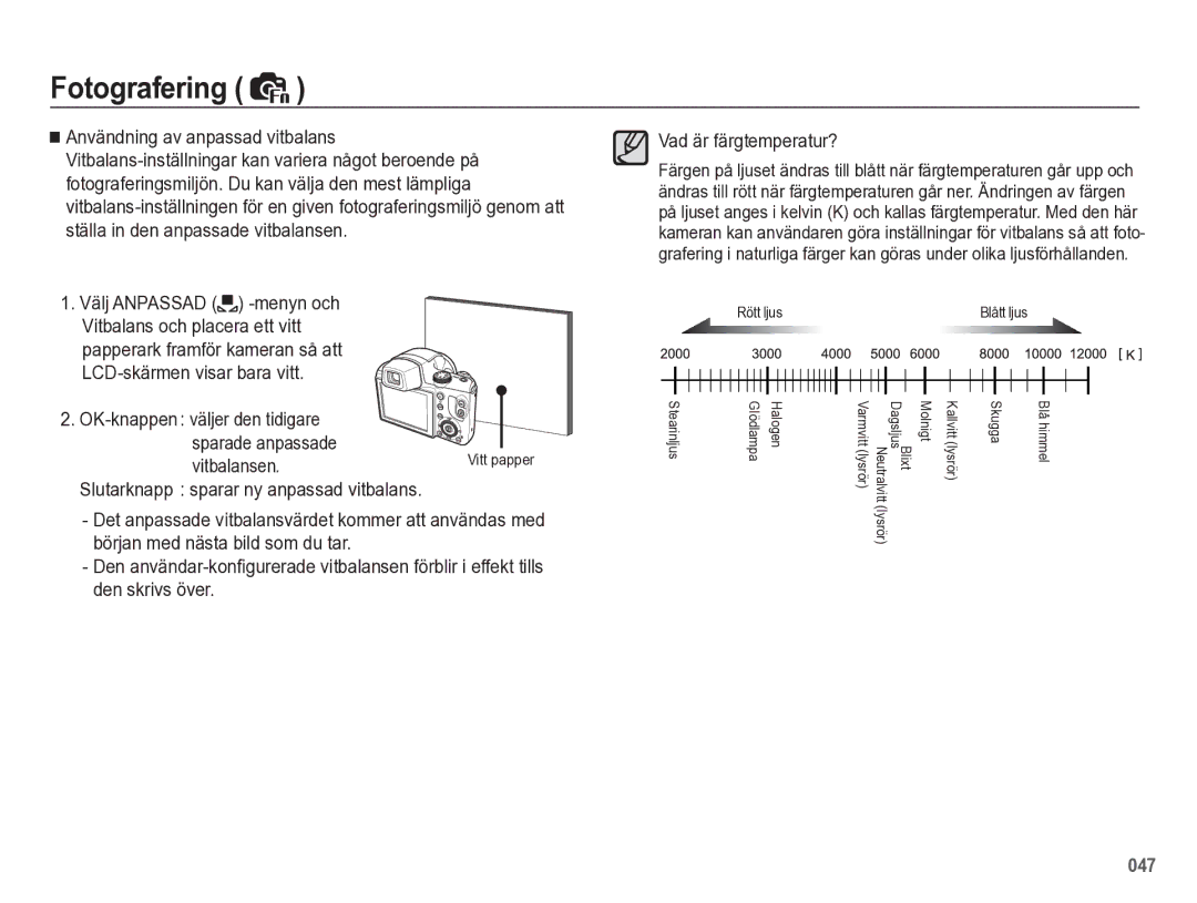 Samsung EC-WB5500BPBE2 manual Vitbalansen, Slutarknapp sparar ny anpassad vitbalans 