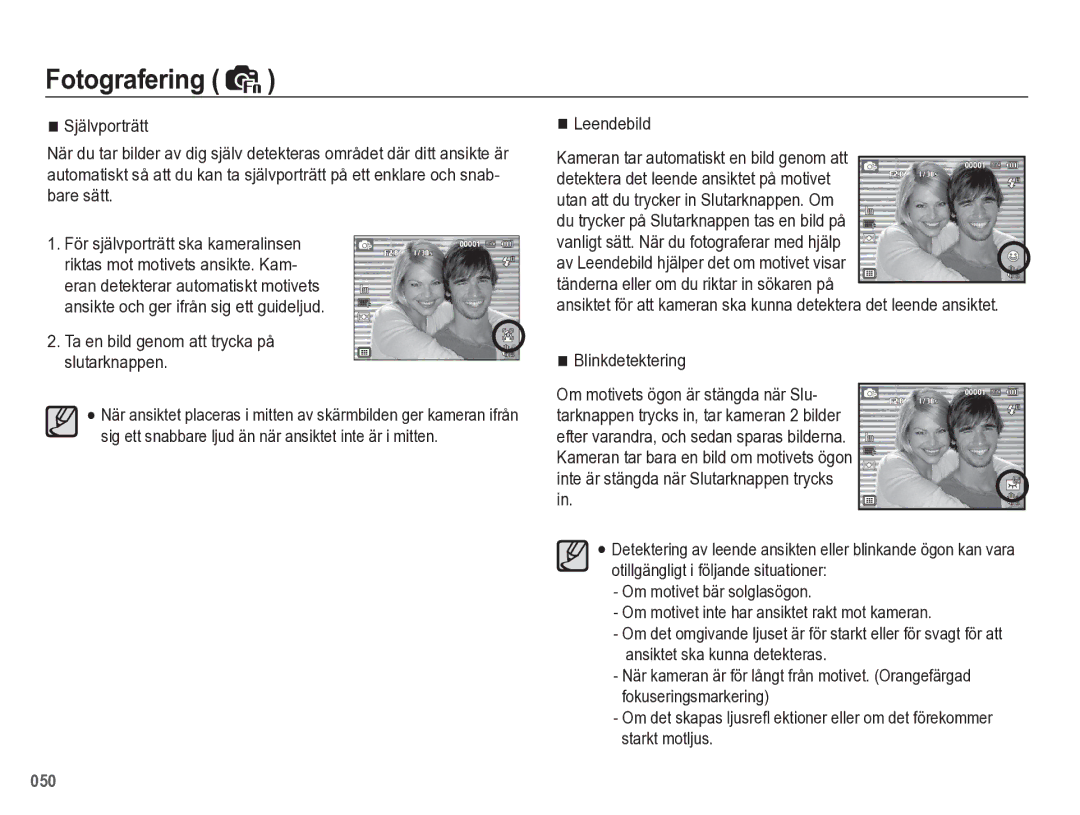 Samsung EC-WB5500BPBE2 Ta en bild genom att trycka på slutarknappen, Leendebild Kameran tar automatiskt en bild genom att 