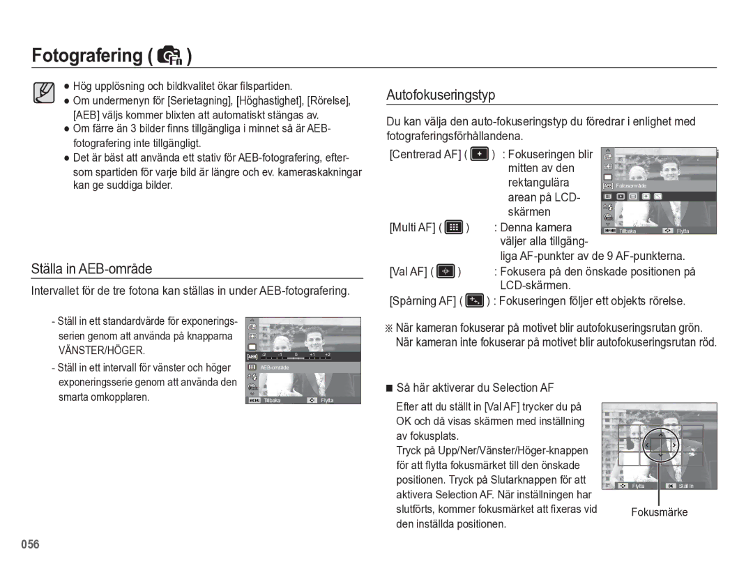 Samsung EC-WB5500BPBE2 manual Ställa in AEB-område, Autofokuseringstyp, Arean på LCD Skärmen Multi AF Denna kamera 