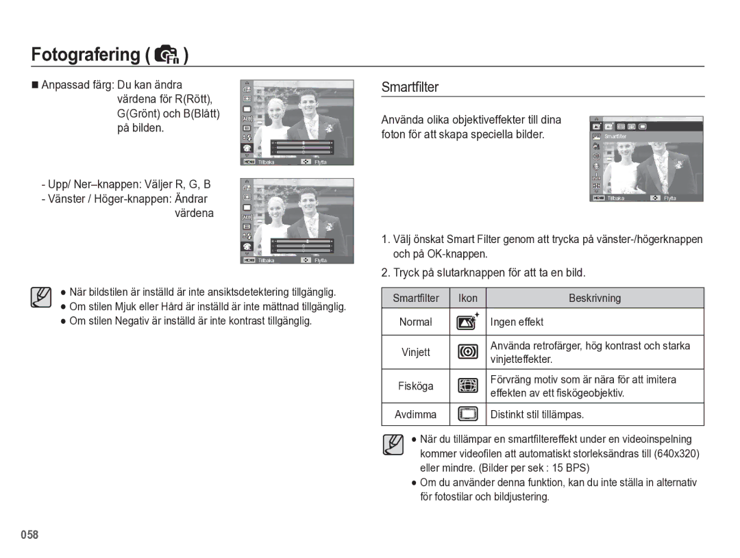 Samsung EC-WB5500BPBE2 manual Smartﬁlter, Upp/ Ner-knappen Väljer R, G, B 