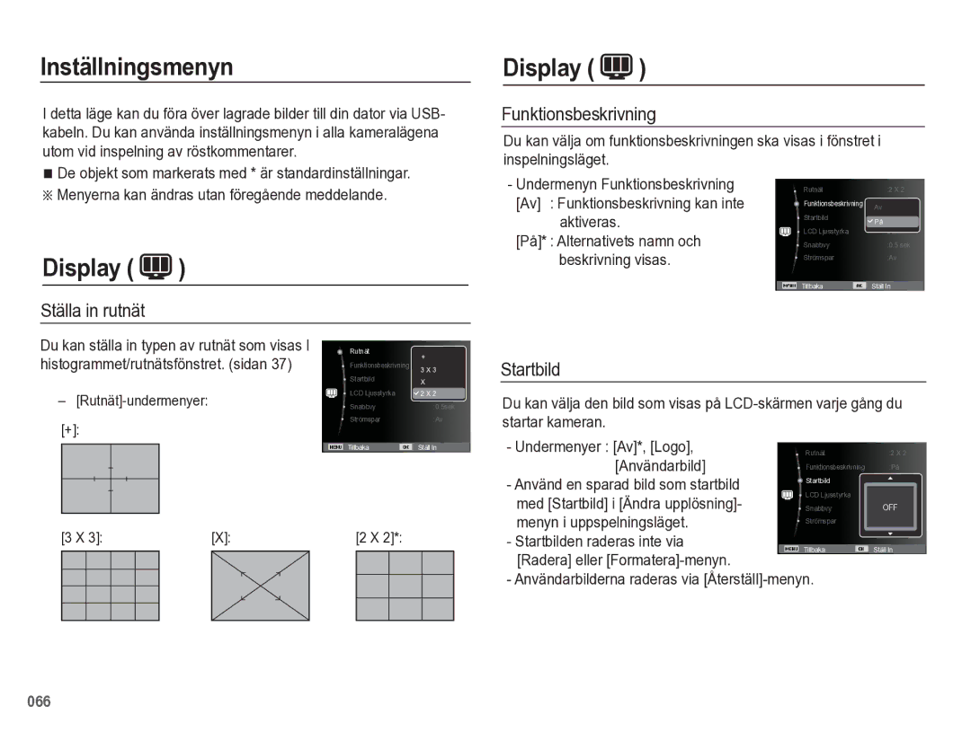 Samsung EC-WB5500BPBE2 manual Inställningsmenyn, Display, Ställa in rutnät, Funktionsbeskrivning, Startbild 