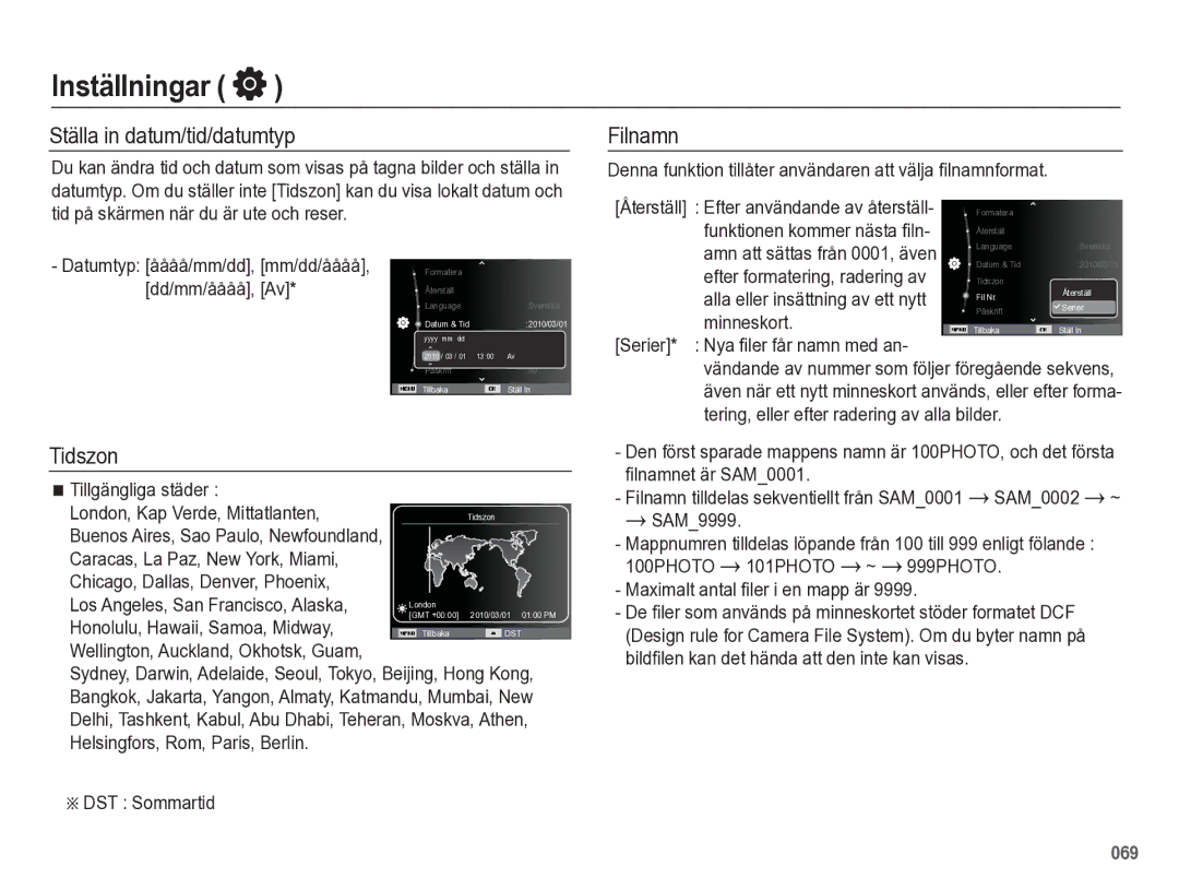 Samsung EC-WB5500BPBE2 manual Ställa in datum/tid/datumtyp, Tidszon, Filnamn 
