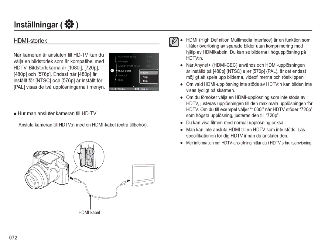 Samsung EC-WB5500BPBE2 manual HDMI-storlek, Hur man ansluter kameran till HD-TV 