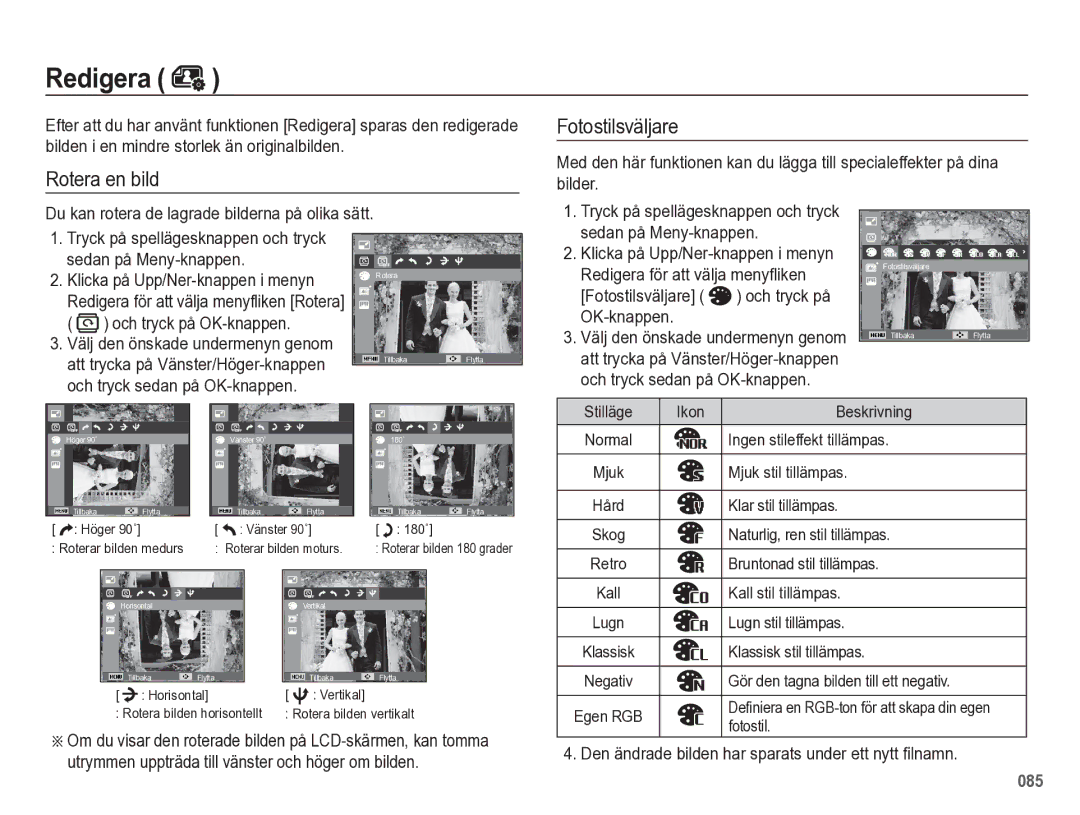 Samsung EC-WB5500BPBE2 Rotera en bild Fotostilsväljare, Och tryck på OK-knappen, Fotostilsväljare och tryck på OK-knappen 