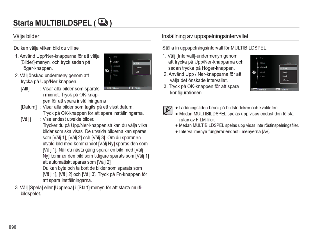 Samsung EC-WB5500BPBE2 manual Välja bilder Inställning av uppspelningsintervallet 