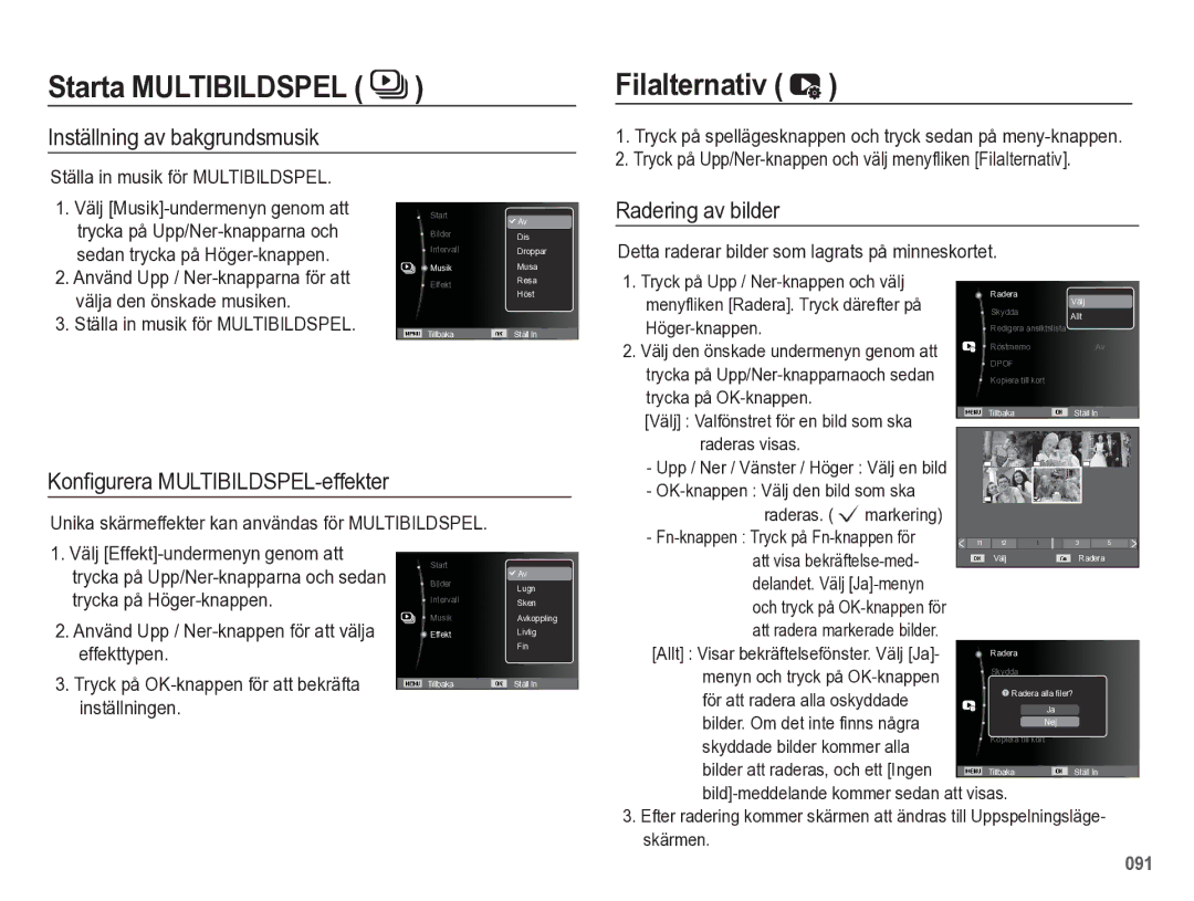 Samsung EC-WB5500BPBE2 Filalternativ, Inställning av bakgrundsmusik, Radering av bilder, Konﬁgurera MULTIBILDSPEL-effekter 