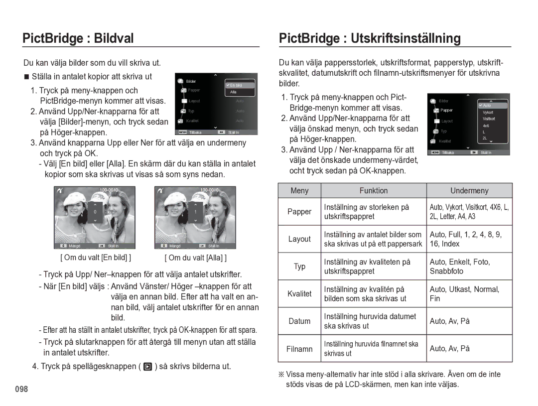 Samsung EC-WB5500BPBE2 PictBridge Bildval, PictBridge Utskriftsinställning, Tryck på meny-knappen och, På Höger-knappen 