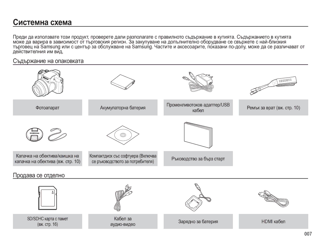 Samsung EC-WB5500BPBE3 manual Ɋɢɫɬɟɦɧɚ ɫɯɟɦɚ, Ɋɴɞɴɪɠɚɧɢɟ ɧɚ ɨɩɚɤɨɜɤɚɬɚ, Ɉɪɨɞɚɜɚ ɫɟ ɨɬɞɟɥɧɨ 