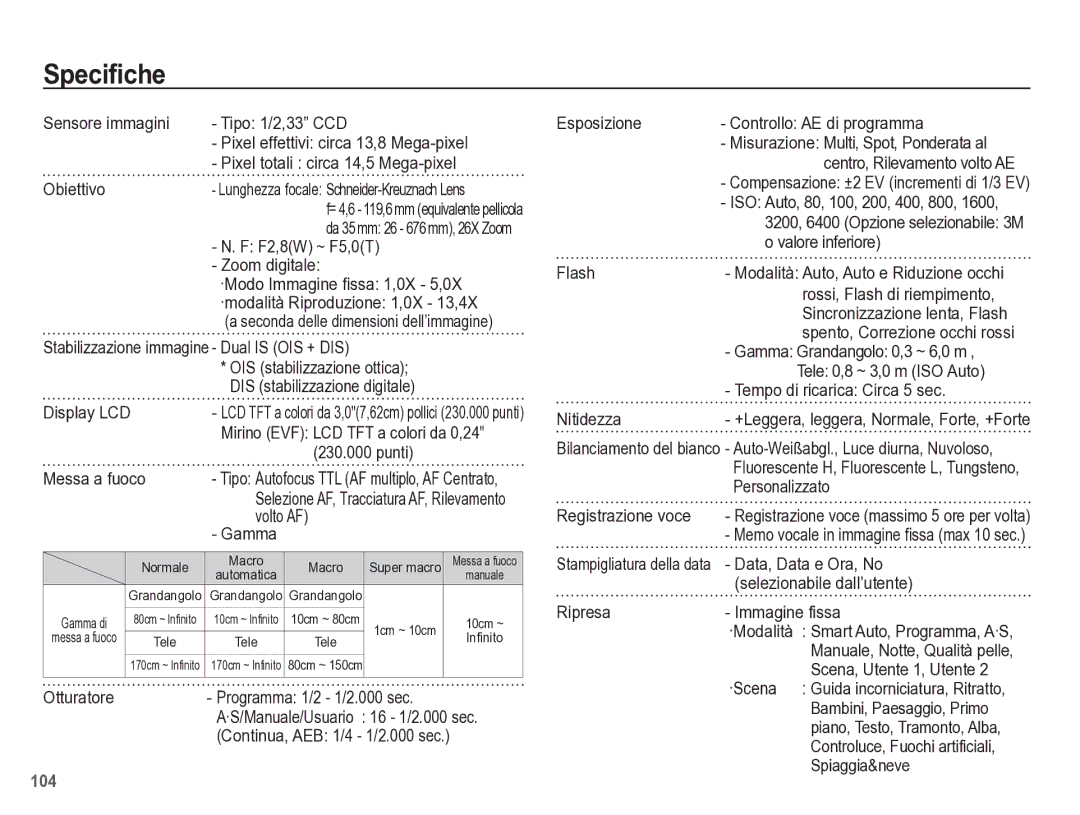 Samsung EC-WB5500BPBIT manual Speciﬁche 