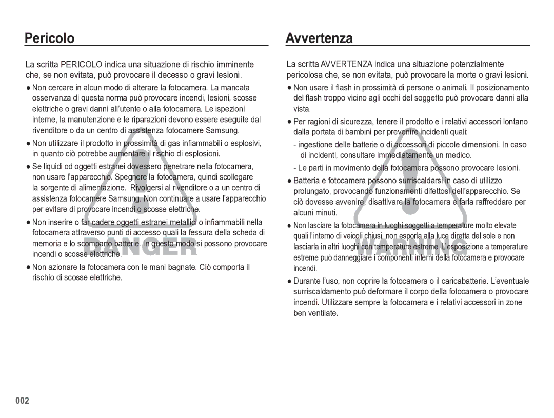 Samsung EC-WB5500BPBIT manual Pericolo Avvertenza 