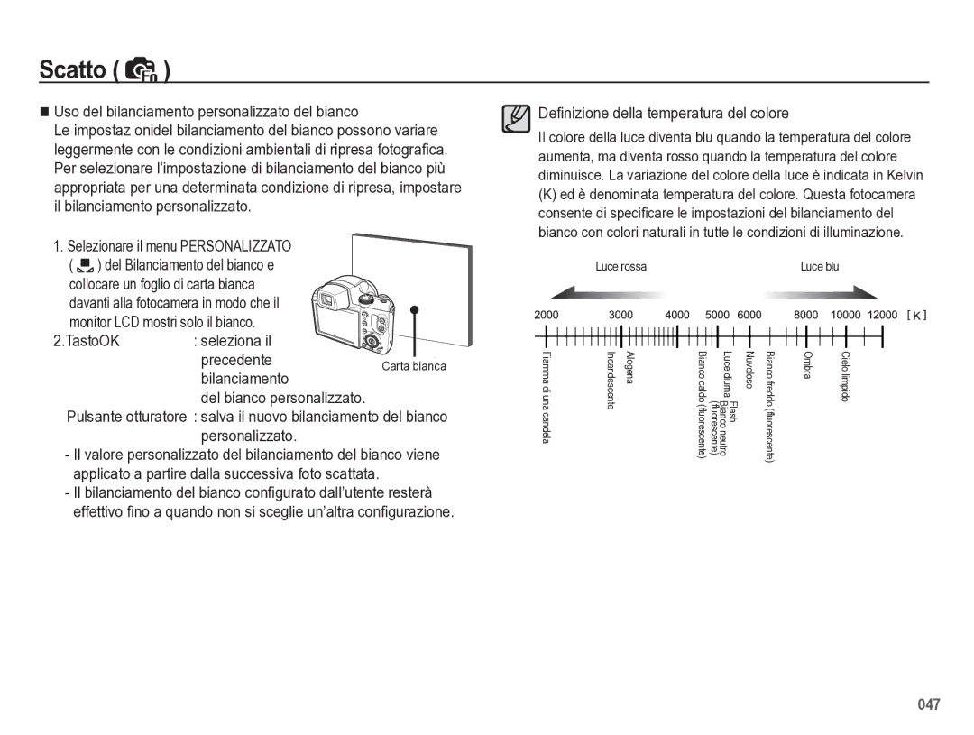 Samsung EC-WB5500BPBIT manual Uso del bilanciamento personalizzato del bianco, Bilanciamento, Del bianco personalizzato 