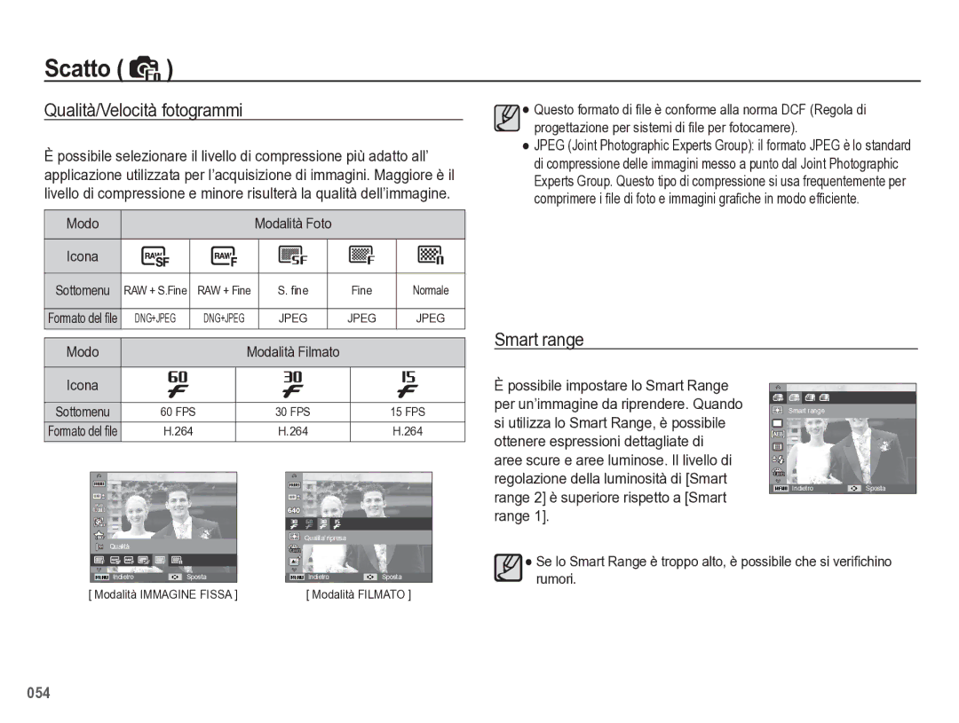 Samsung EC-WB5500BPBIT manual Qualità/Velocità fotogrammi, Smart range, Modo 
