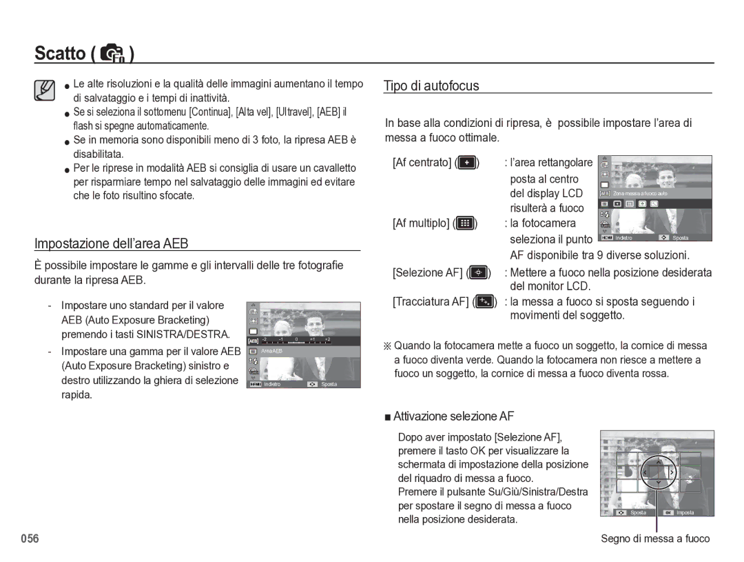 Samsung EC-WB5500BPBIT manual Impostazione dell’area AEB, Tipo di autofocus 