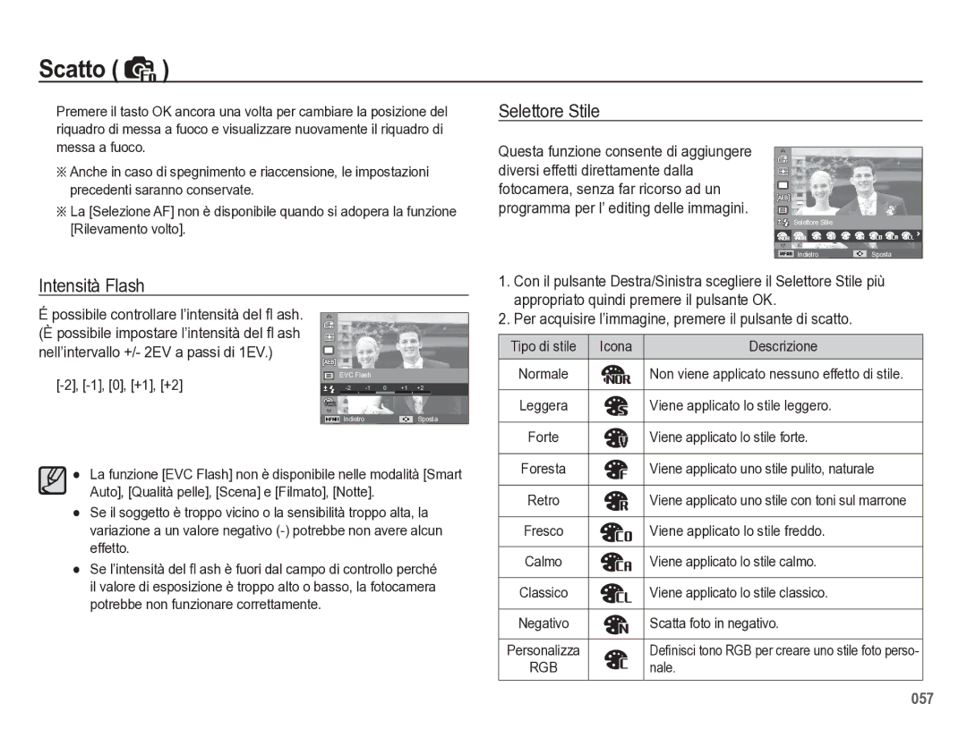 Samsung EC-WB5500BPBIT manual Selettore Stile, Intensità Flash, Appropriato quindi premere il pulsante OK 