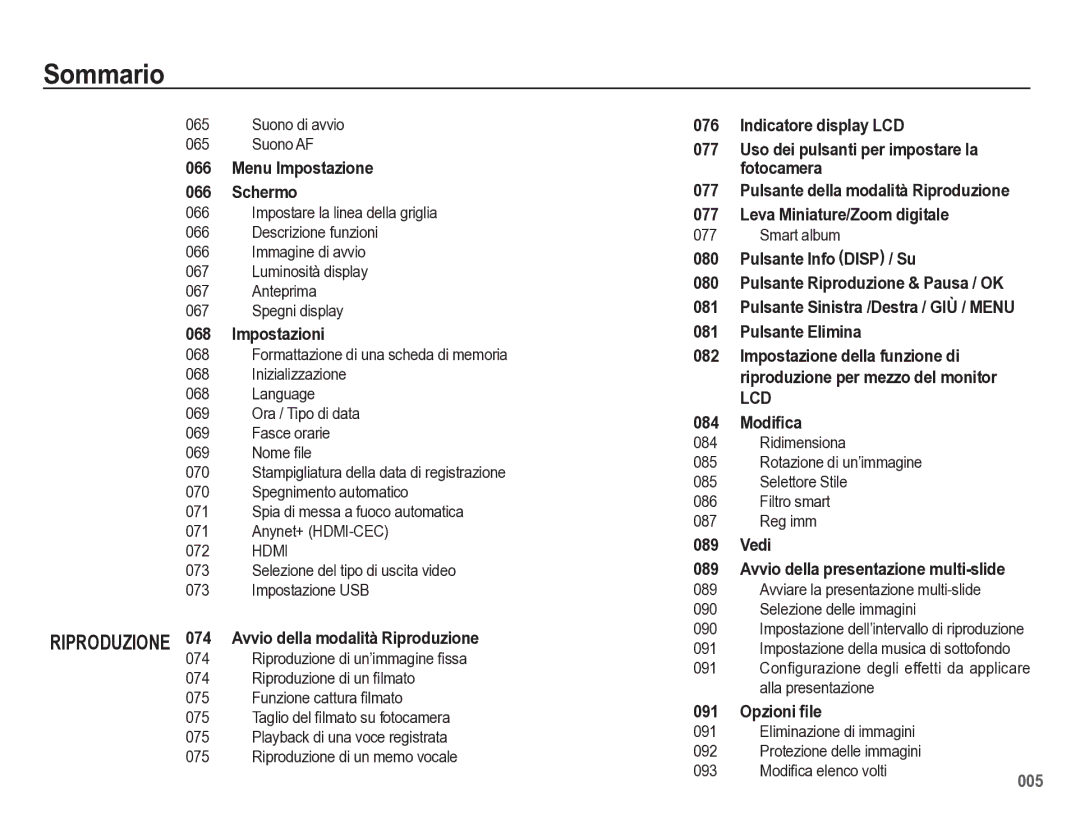 Samsung EC-WB5500BPBIT manual Suono AF, 074, Riproduzione di un ﬁlmato 075 Funzione cattura ﬁlmato, Smart album 