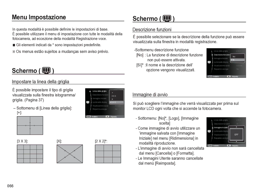 Samsung EC-WB5500BPBIT manual Menu Impostazione, Schermo, Descrizione funzioni, Impostare la linea della griglia 