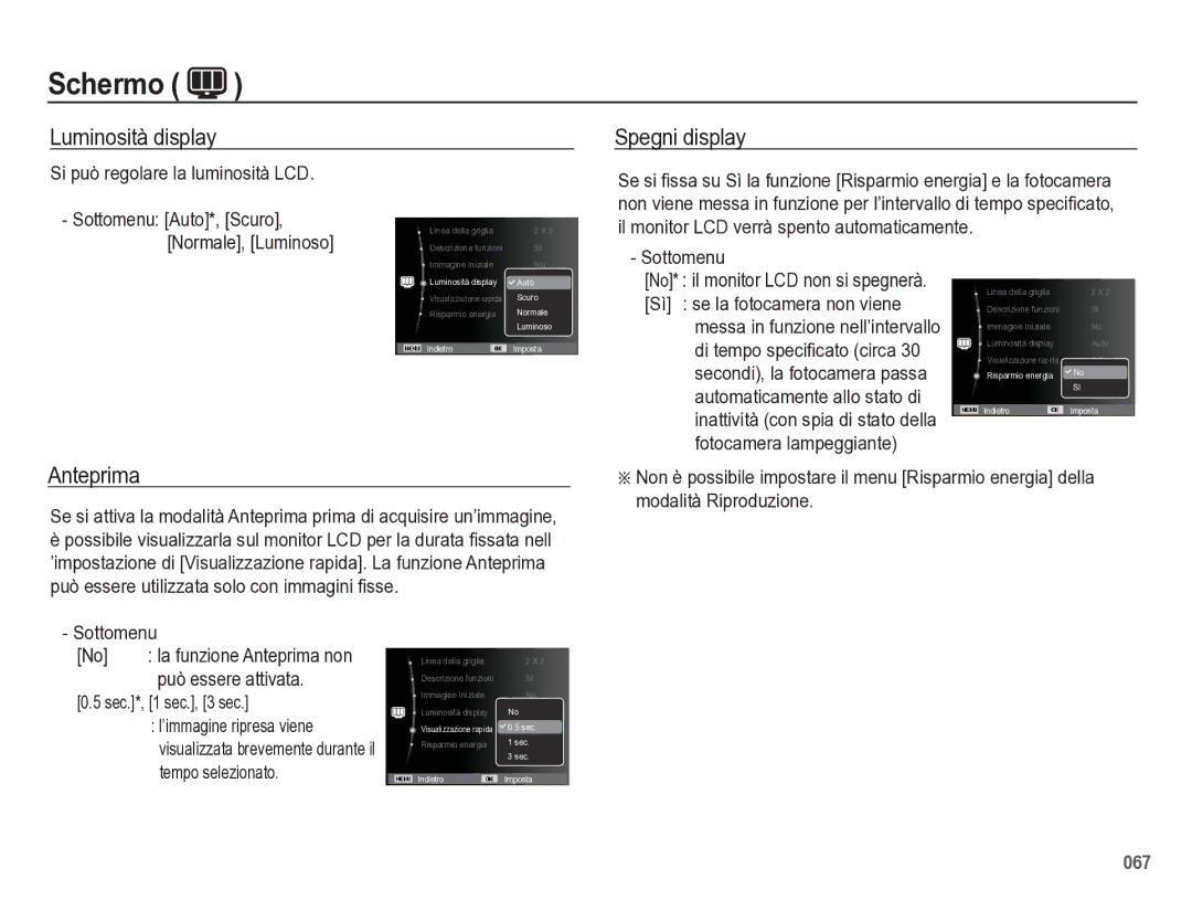 Samsung EC-WB5500BPBIT manual Luminosità display Spegni display, Anteprima, Sottomenu, Sec.*, 1 sec., 3 sec 