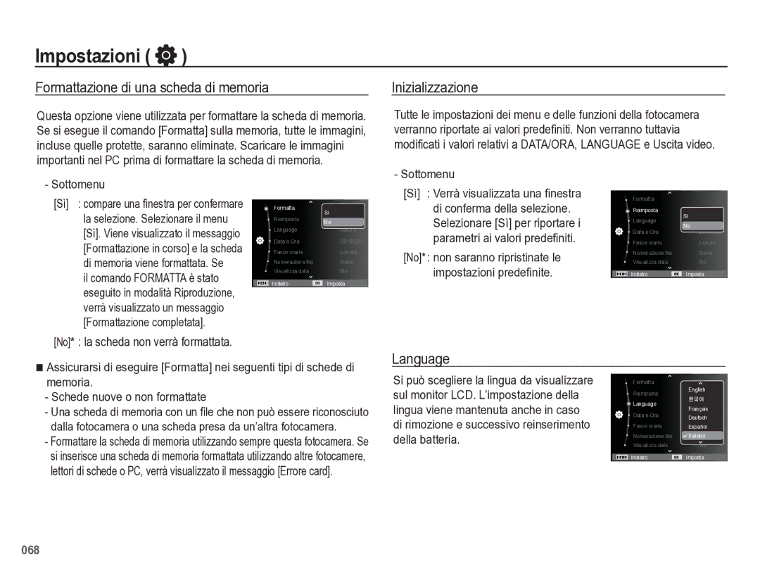 Samsung EC-WB5500BPBIT manual Impostazioni, Formattazione di una scheda di memoria Inizializzazione, Language 