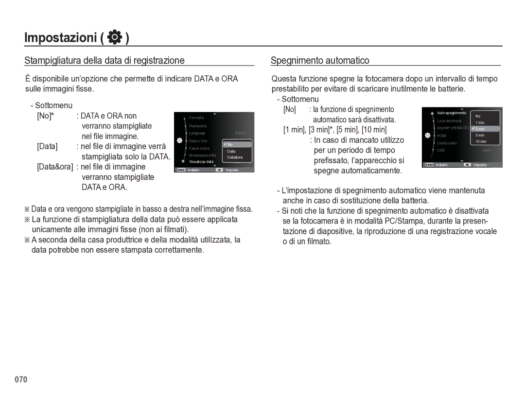 Samsung EC-WB5500BPBIT manual Stampigliatura della data di registrazione, Spegnimento automatico 