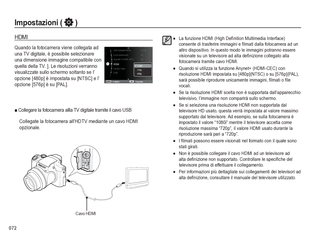 Samsung EC-WB5500BPBIT manual La funzione Hdmi High Deﬁnition Multimedia Interface, Vocali, Riproduzione sarà pari a 720p 