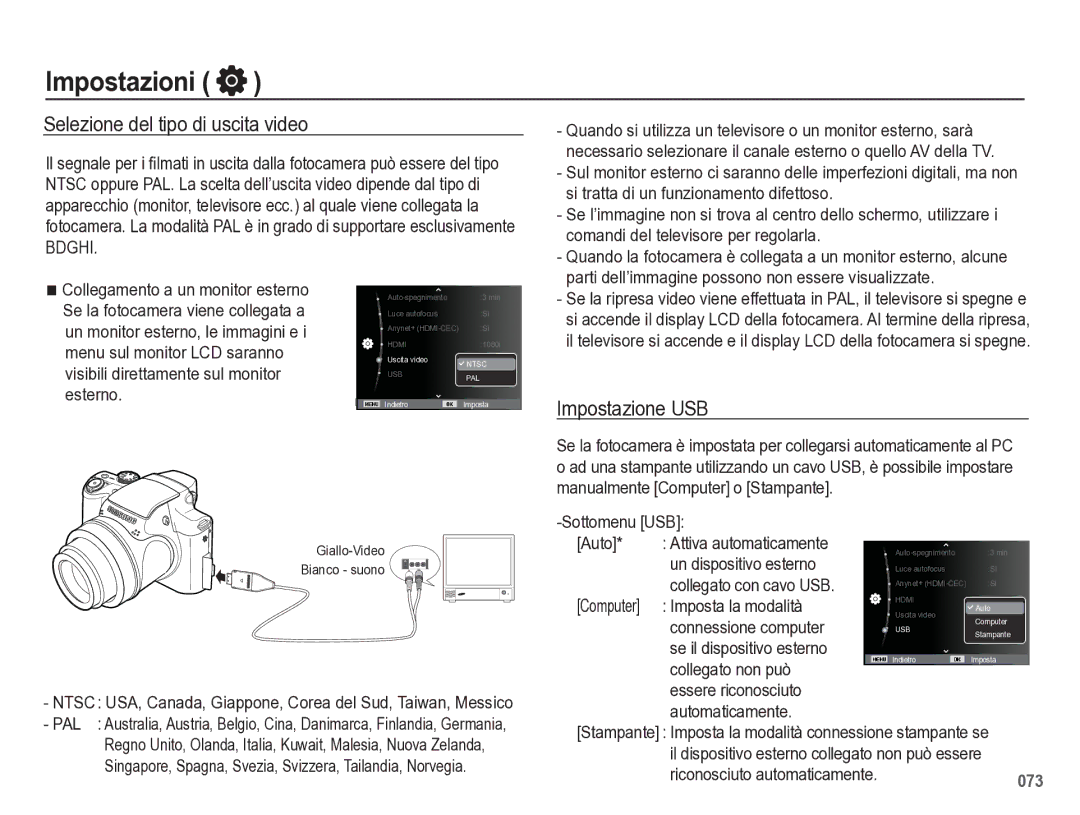 Samsung EC-WB5500BPBIT manual Selezione del tipo di uscita video, Impostazione USB 