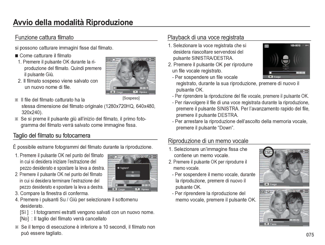 Samsung EC-WB5500BPBIT manual Funzione cattura filmato, Playback di una voce registrata, Riproduzione di un memo vocale 