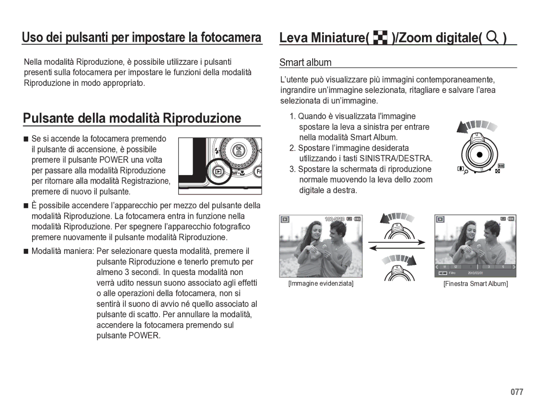 Samsung EC-WB5500BPBIT manual Pulsante della modalità Riproduzione, Leva Miniature º/Zoom digitale í, Smart album 