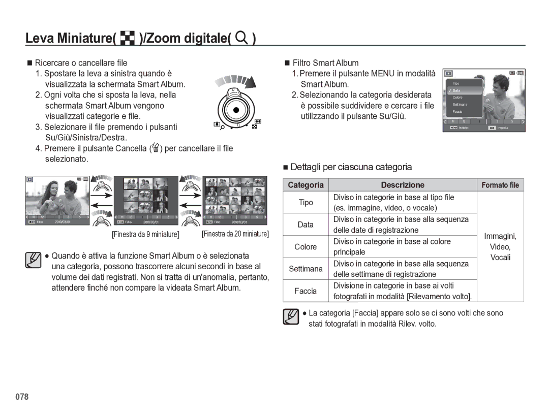 Samsung EC-WB5500BPBIT manual Leva Miniature º /Zoom digitale í, Ricercare o cancellare file 