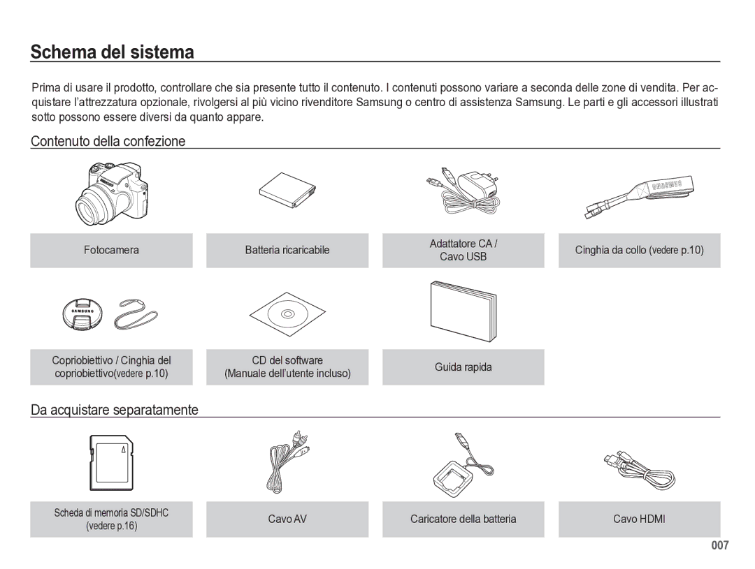 Samsung EC-WB5500BPBIT manual Schema del sistema, Contenuto della confezione, Da acquistare separatamente 