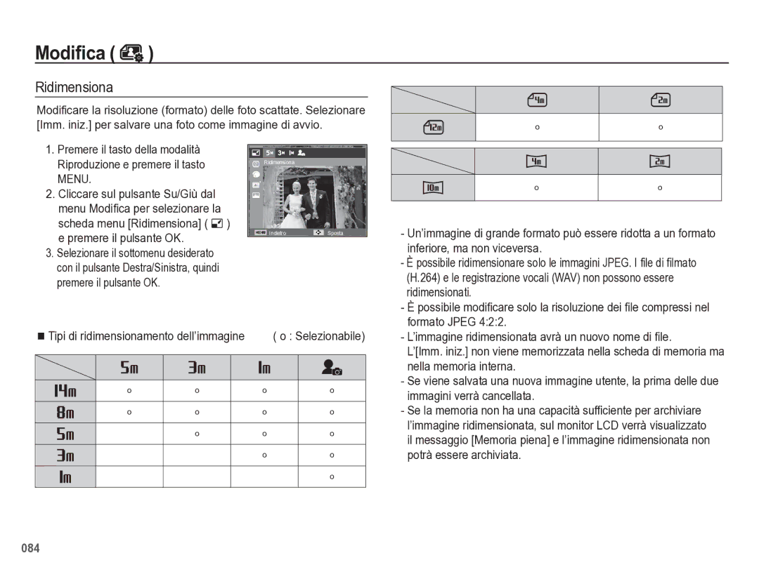 Samsung EC-WB5500BPBIT manual Modiﬁca, Ridimensiona 