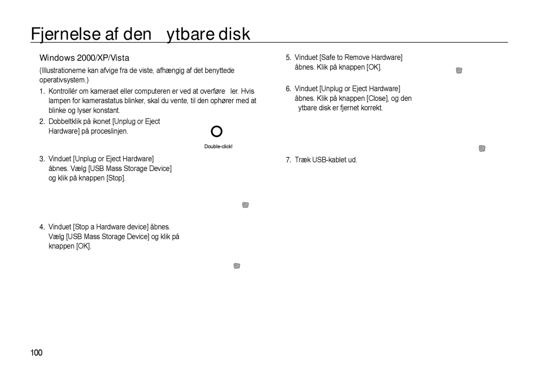 Samsung EC-WB550BBP/E2, EC-WB550ABP/E2 manual Fjernelse af den ﬂytbare disk, Windows 2000/XP/Vista, 100 