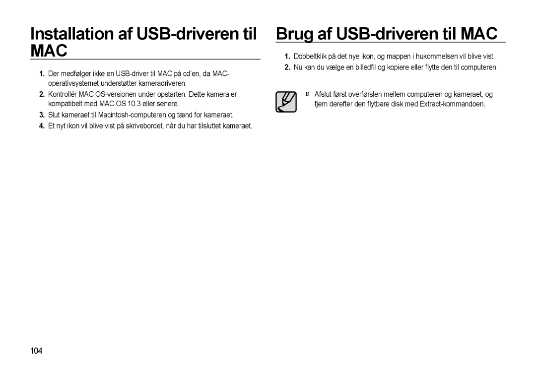 Samsung EC-WB550BBP/E2, EC-WB550ABP/E2 manual Installation af USB-driveren til, Brug af USB-driveren til MAC, 104 