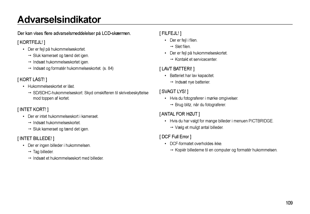 Samsung EC-WB550ABP/E2 manual DCF Full Error, 109, Indsæt og formatér hukommelseskortet. s, Sluk kameraet og tænd det igen 