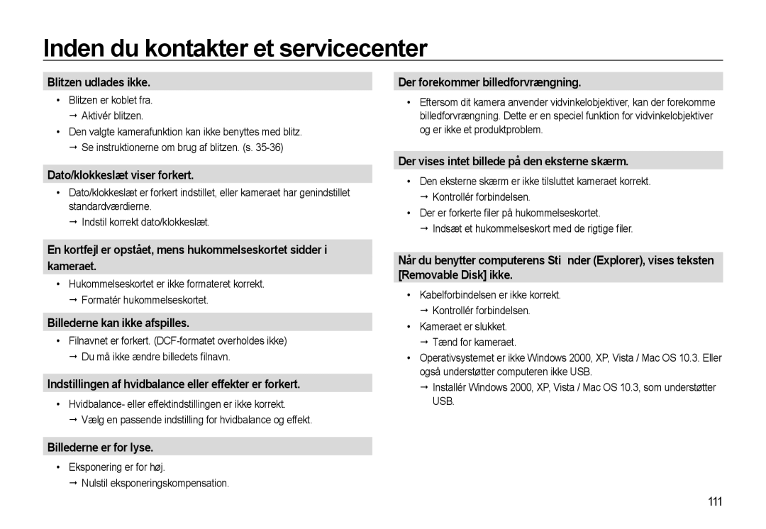 Samsung EC-WB550ABP/E2 manual Blitzen udlades ikke, Dato/klokkeslæt viser forkert, Kameraet, Billederne kan ikke afspilles 