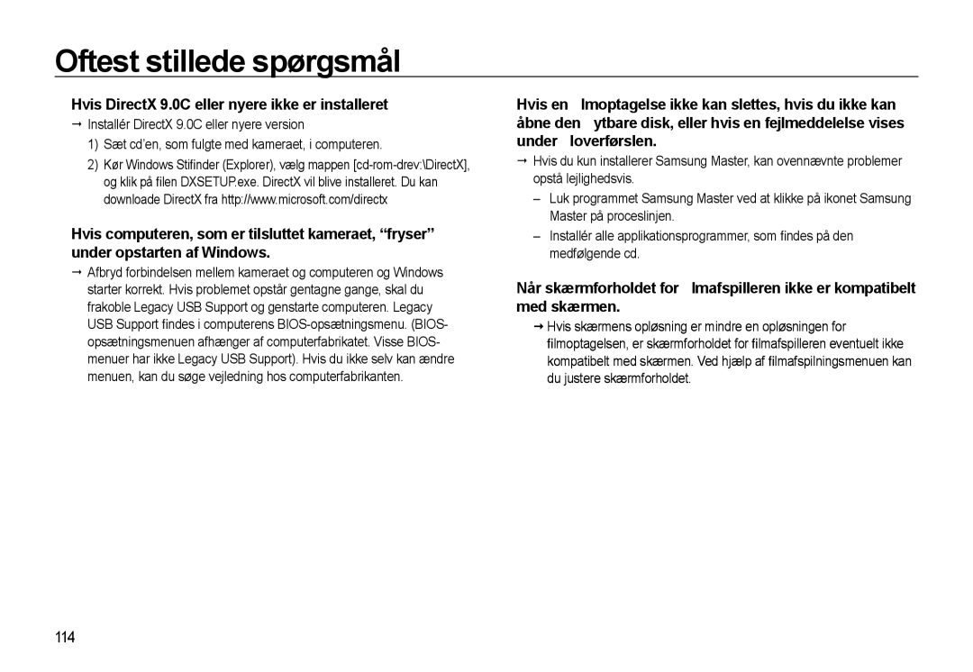 Samsung EC-WB550BBP/E2, EC-WB550ABP/E2 manual Hvis DirectX 9.0C eller nyere ikke er installeret, 114 