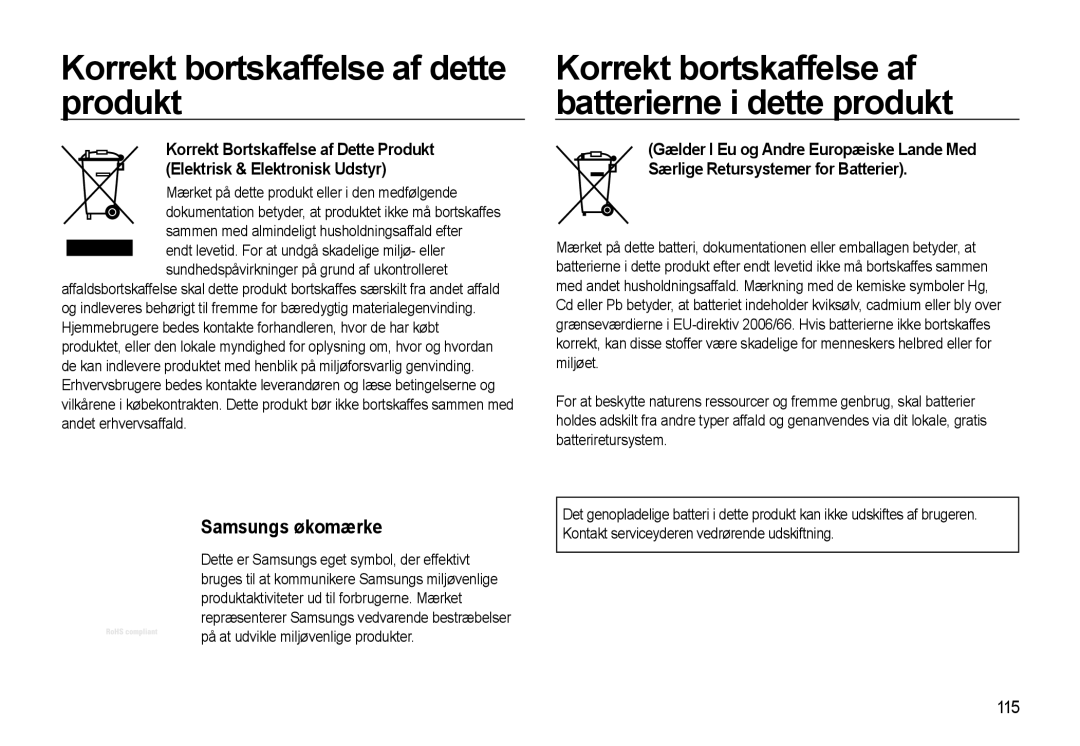 Samsung EC-WB550ABP/E2 manual Korrekt bortskaffelse af dette produkt, 115, Mærket på dette produkt eller i den medfølgende 