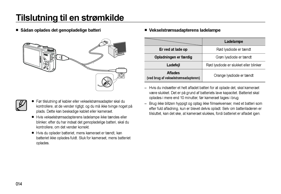 Samsung EC-WB550BBP/E2 manual Sådan oplades det genopladelige batteri, Vekselstrømsadapterens ladelampe, 014, Ladelampe 