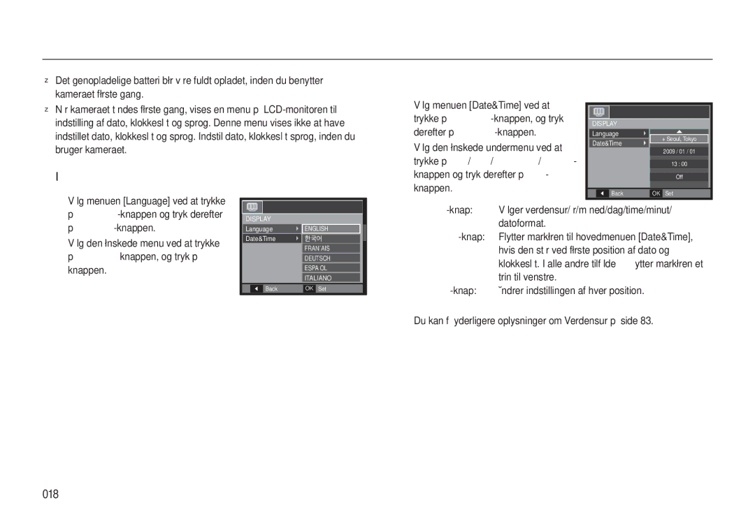 Samsung EC-WB550BBP/E2 manual Når du bruger kameraet for første gang, Indstilling af dato/klokkeslæt og datoformat, 018 