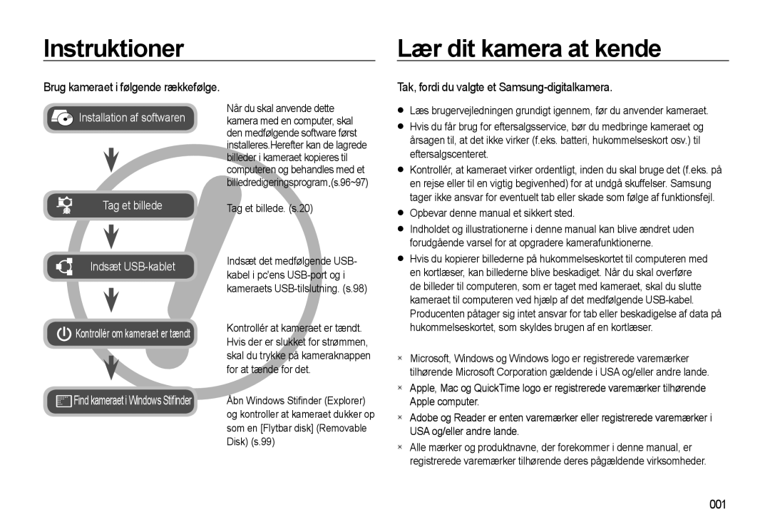 Samsung EC-WB550ABP/E2 manual Instruktioner Lær dit kamera at kende, Tak, fordi du valgte et Samsung-digitalkamera, 001 